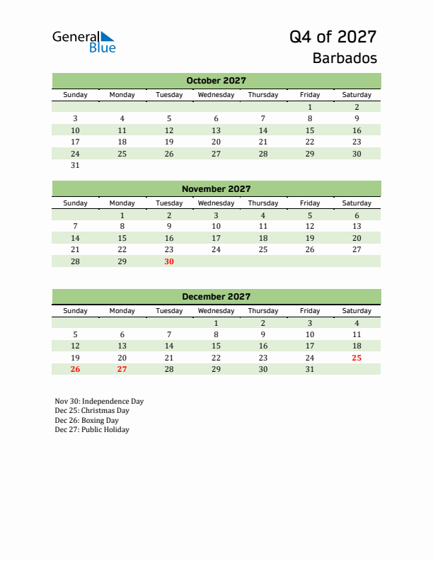 Quarterly Calendar 2027 with Barbados Holidays