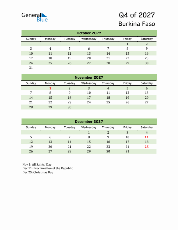 Quarterly Calendar 2027 with Burkina Faso Holidays