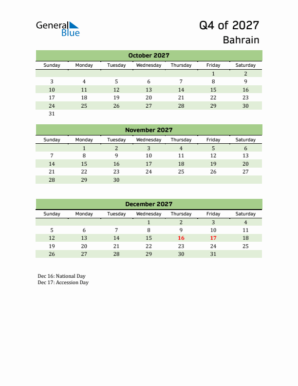 Quarterly Calendar 2027 with Bahrain Holidays