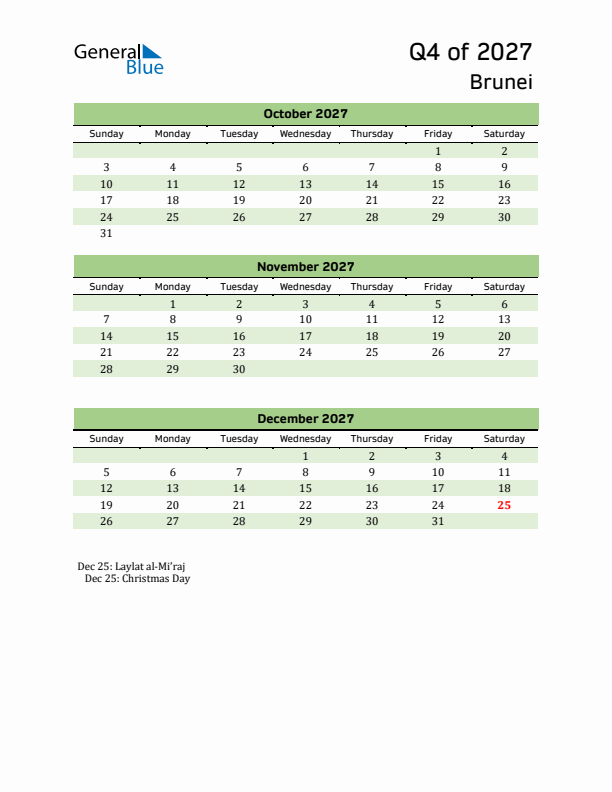 Quarterly Calendar 2027 with Brunei Holidays