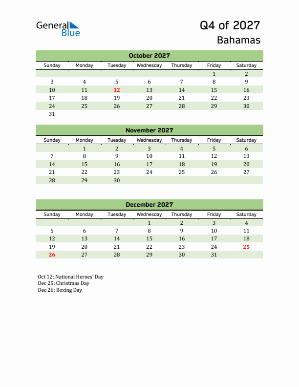 Quarterly Calendar 2027 with Bahamas Holidays