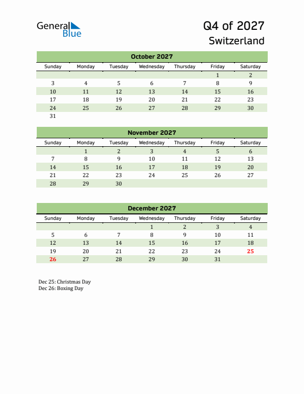 Quarterly Calendar 2027 with Switzerland Holidays