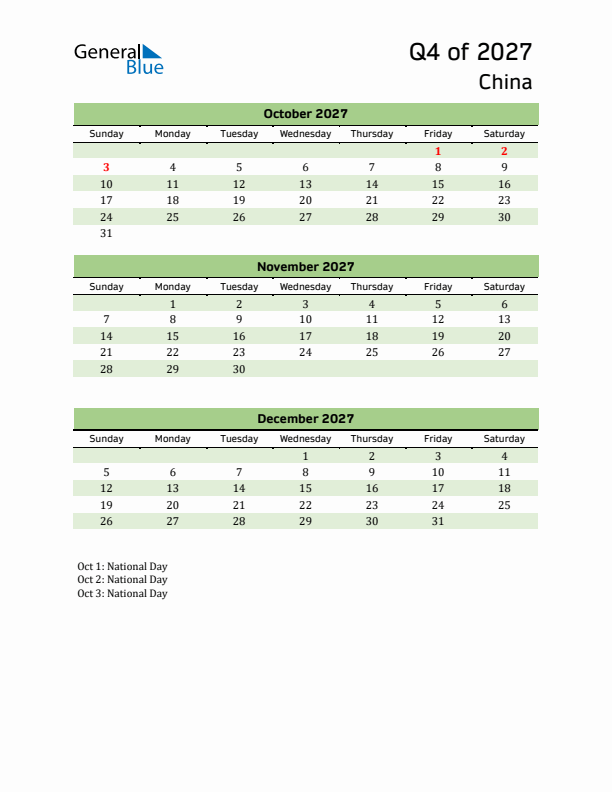 Quarterly Calendar 2027 with China Holidays