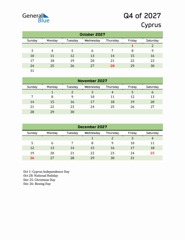 Quarterly Calendar 2027 with Cyprus Holidays