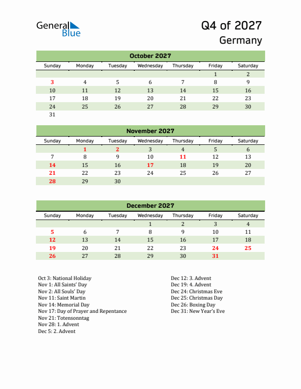 Quarterly Calendar 2027 with Germany Holidays