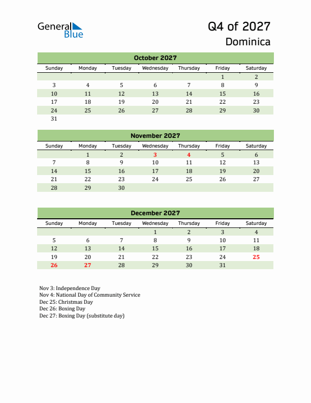 Quarterly Calendar 2027 with Dominica Holidays