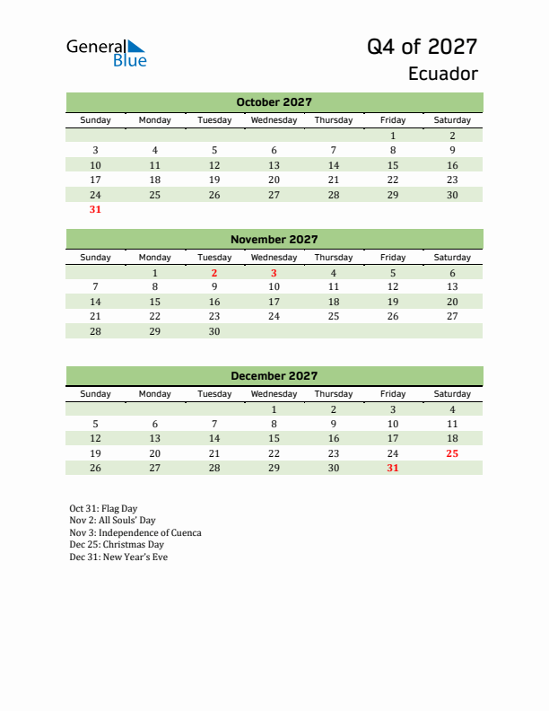 Quarterly Calendar 2027 with Ecuador Holidays