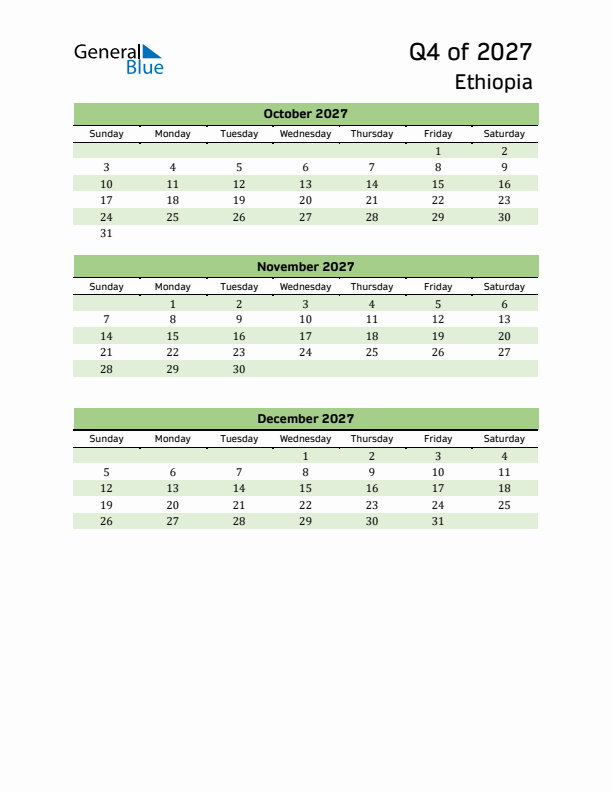 Quarterly Calendar 2027 with Ethiopia Holidays