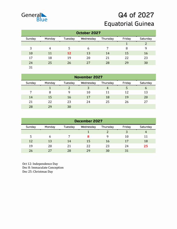 Quarterly Calendar 2027 with Equatorial Guinea Holidays