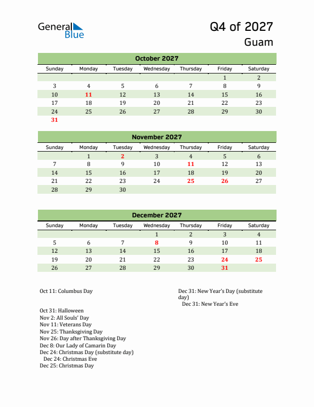 Quarterly Calendar 2027 with Guam Holidays