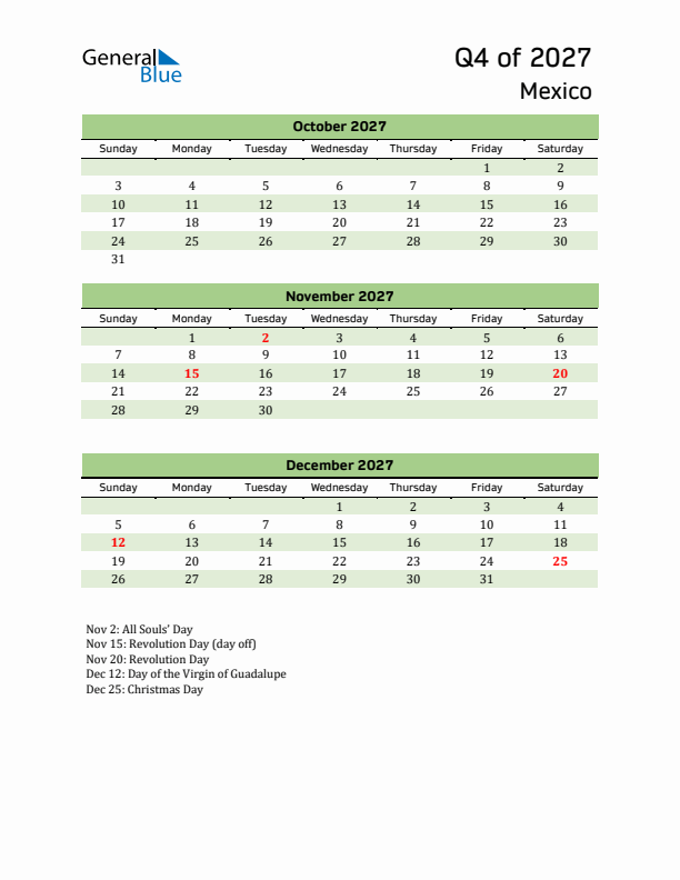 Quarterly Calendar 2027 with Mexico Holidays