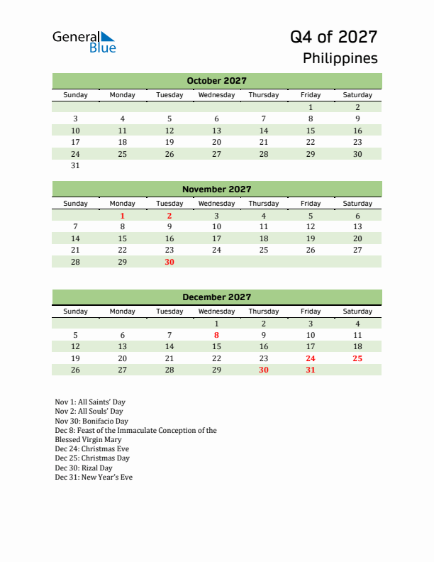 Quarterly Calendar 2027 with Philippines Holidays