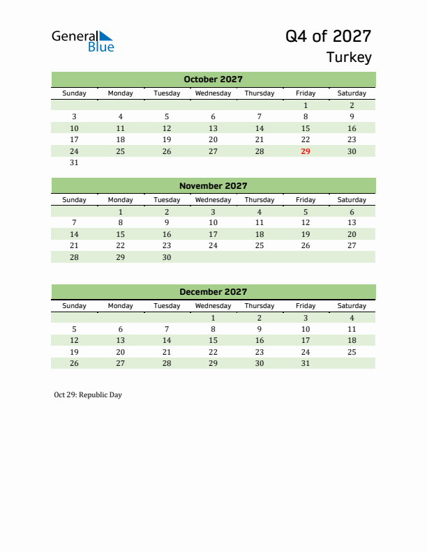 Quarterly Calendar 2027 with Turkey Holidays