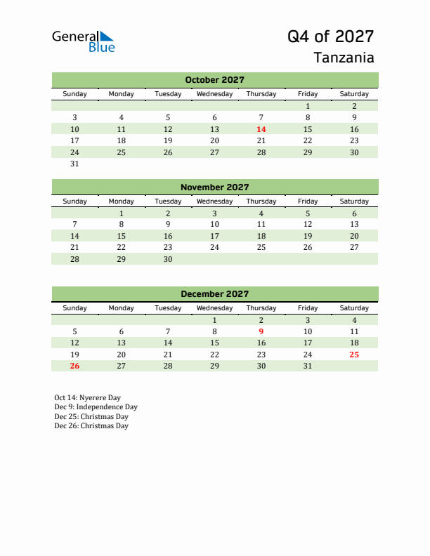 Quarterly Calendar 2027 with Tanzania Holidays