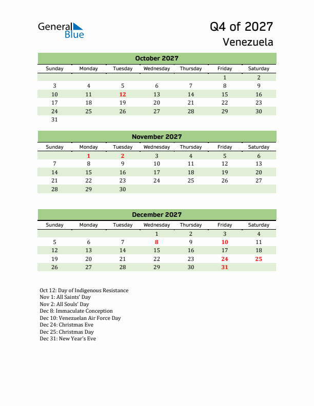 Quarterly Calendar 2027 with Venezuela Holidays