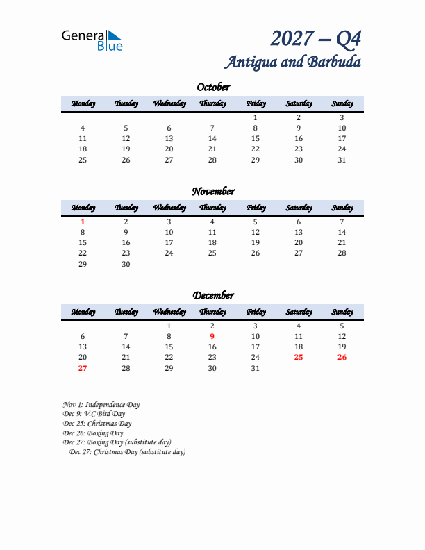 October, November, and December Calendar for Antigua and Barbuda with Monday Start