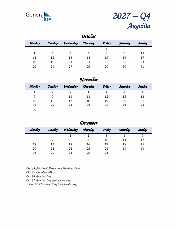 October, November, and December Calendar for Anguilla with Monday Start