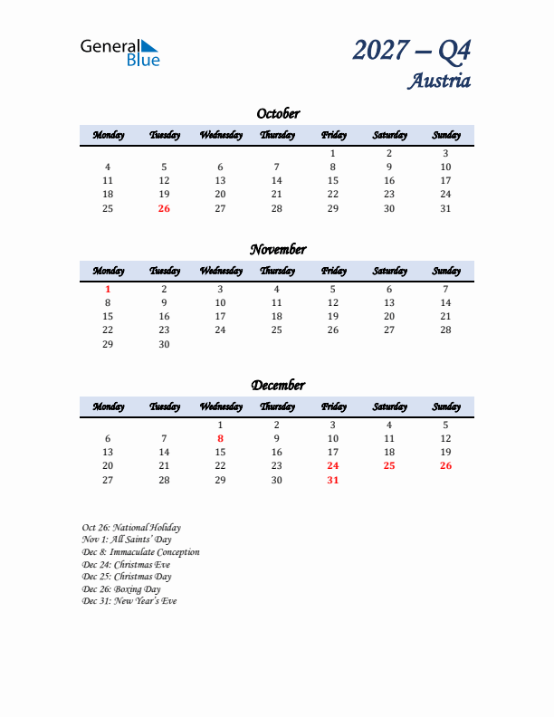 October, November, and December Calendar for Austria with Monday Start