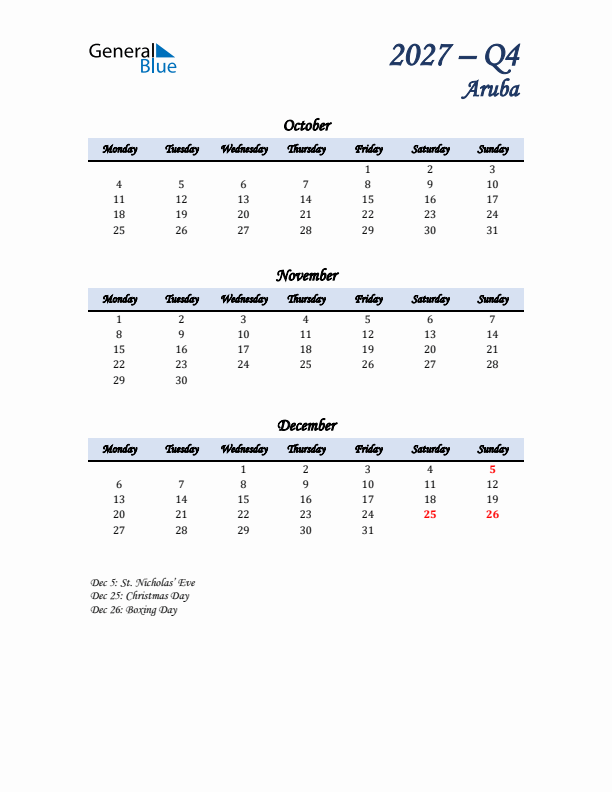 October, November, and December Calendar for Aruba with Monday Start