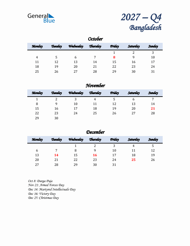 October, November, and December Calendar for Bangladesh with Monday Start