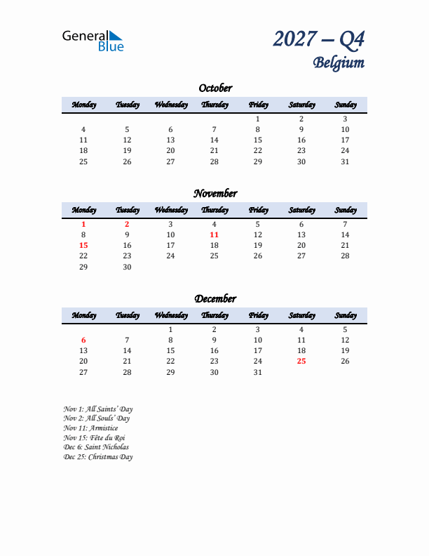 October, November, and December Calendar for Belgium with Monday Start