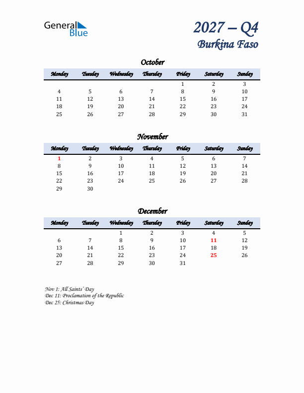 October, November, and December Calendar for Burkina Faso with Monday Start