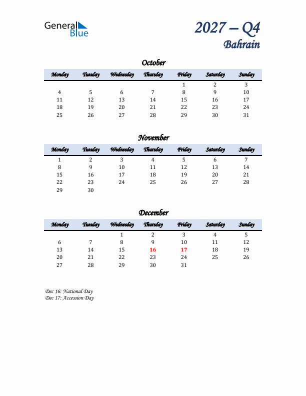 October, November, and December Calendar for Bahrain with Monday Start