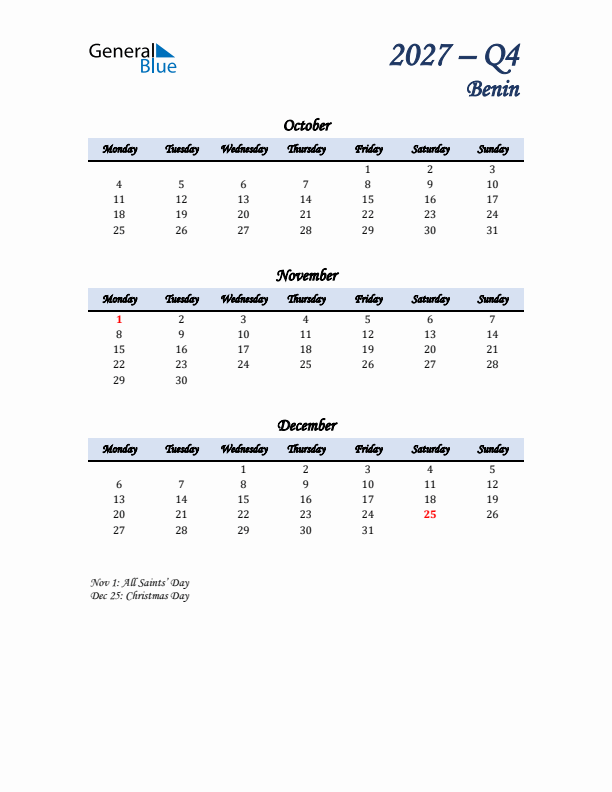 October, November, and December Calendar for Benin with Monday Start