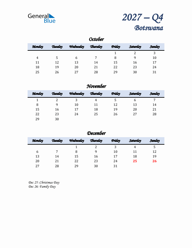 October, November, and December Calendar for Botswana with Monday Start