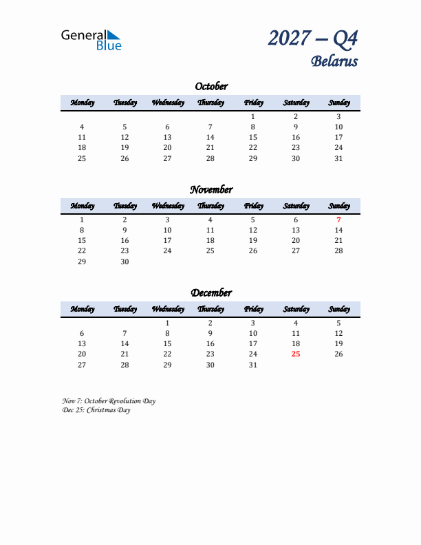 October, November, and December Calendar for Belarus with Monday Start