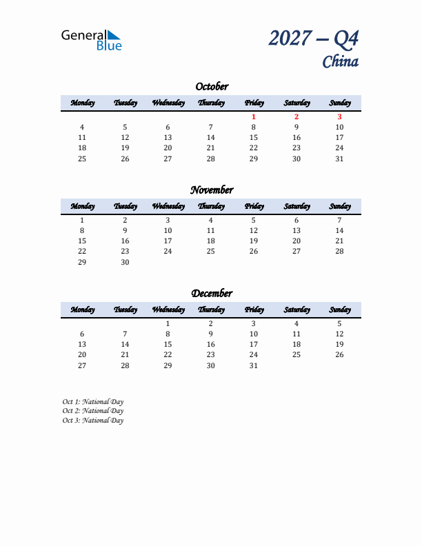 October, November, and December Calendar for China with Monday Start