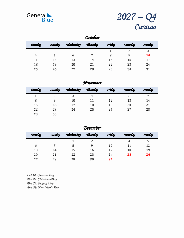 October, November, and December Calendar for Curacao with Monday Start