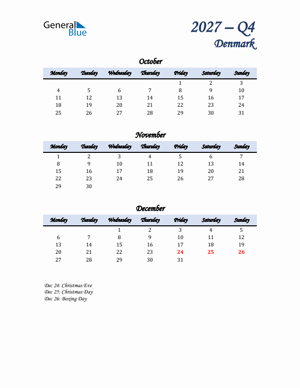 October, November, and December Calendar for Denmark with Monday Start