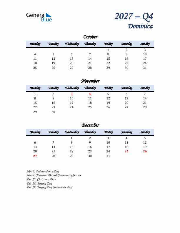 October, November, and December Calendar for Dominica with Monday Start