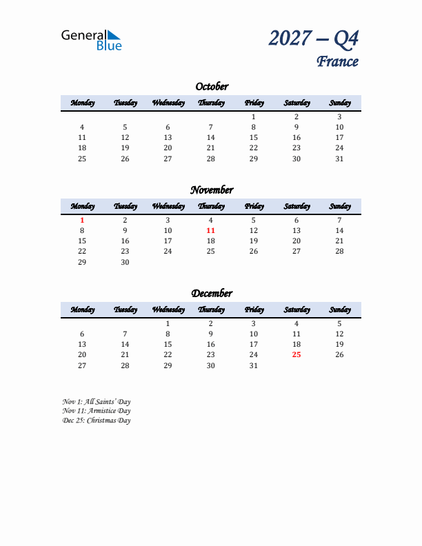 October, November, and December Calendar for France with Monday Start