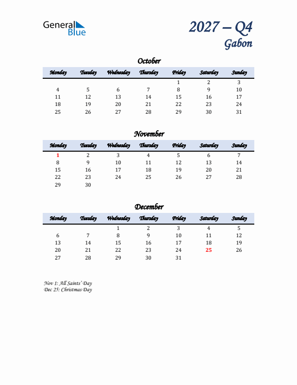 October, November, and December Calendar for Gabon with Monday Start