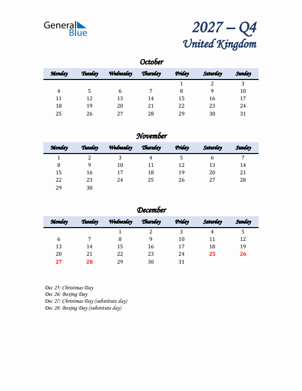 October, November, and December Calendar for United Kingdom with Monday Start