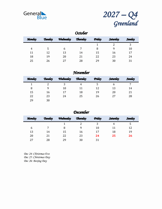 October, November, and December Calendar for Greenland with Monday Start