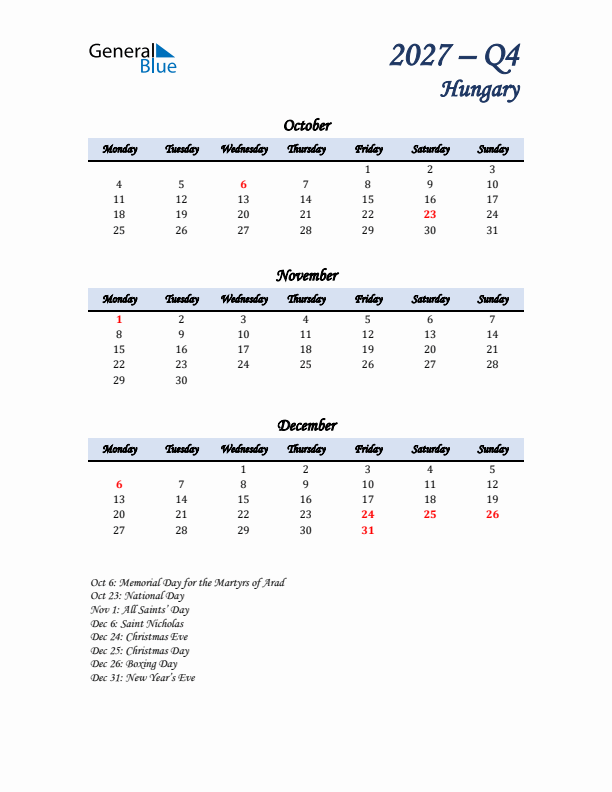 October, November, and December Calendar for Hungary with Monday Start