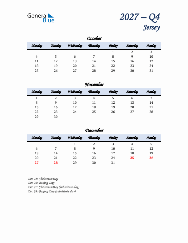 October, November, and December Calendar for Jersey with Monday Start