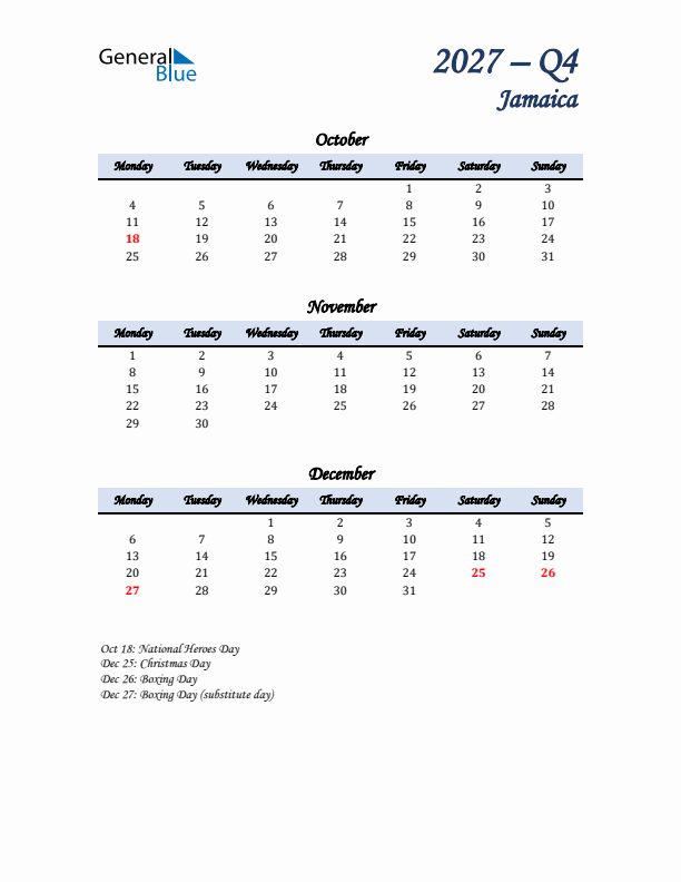 October, November, and December Calendar for Jamaica with Monday Start