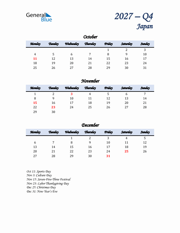 October, November, and December Calendar for Japan with Monday Start