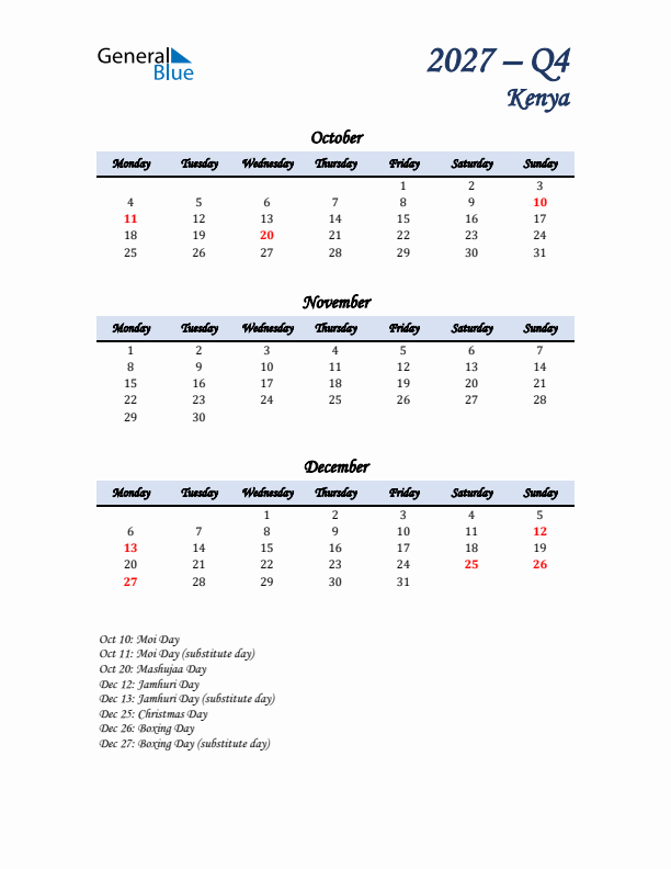 October, November, and December Calendar for Kenya with Monday Start