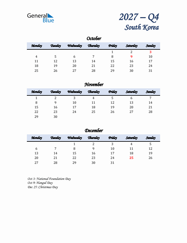 October, November, and December Calendar for South Korea with Monday Start