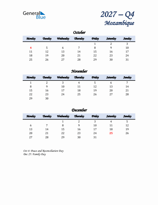 October, November, and December Calendar for Mozambique with Monday Start