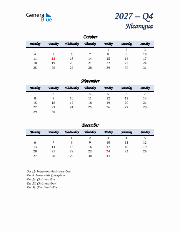 October, November, and December Calendar for Nicaragua with Monday Start