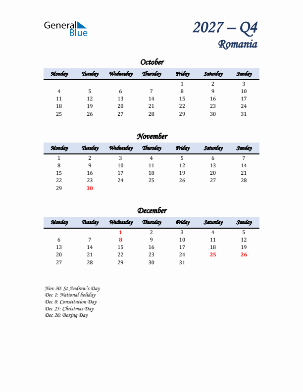 October, November, and December Calendar for Romania with Monday Start