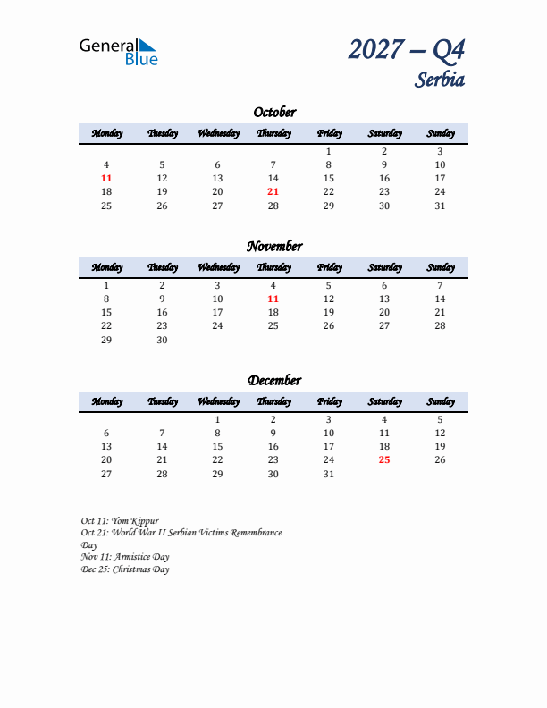 October, November, and December Calendar for Serbia with Monday Start