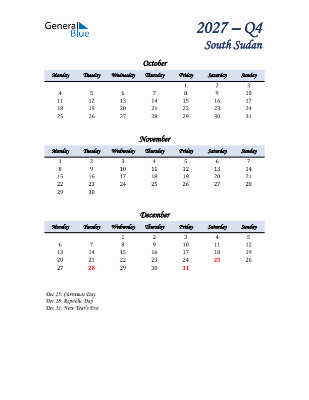 October, November, and December Calendar for South Sudan with Monday Start