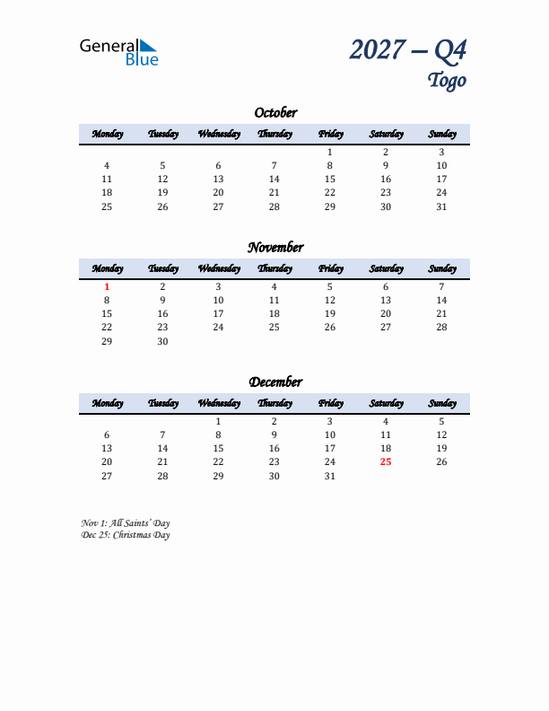 October, November, and December Calendar for Togo with Monday Start